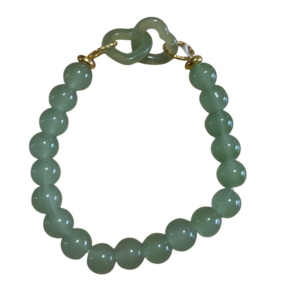 Green Jadeite Styke Bead Stretch Bracelet‎ Polished Round Stone Earh Boho